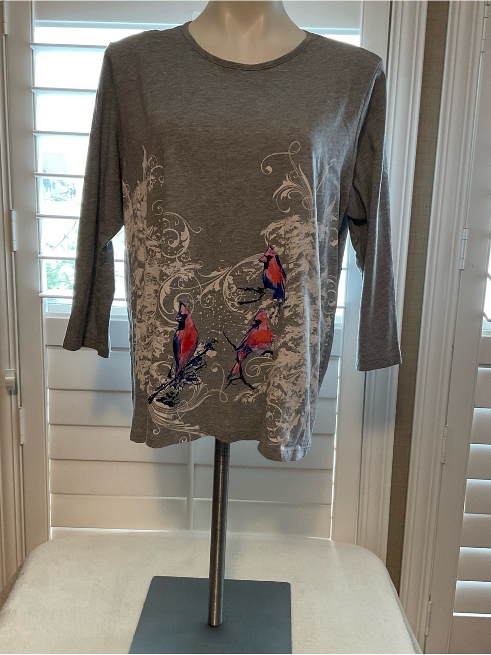 Appleseed's Gray Long-Sleeve Tee with Pink and Blue Bird Graphic